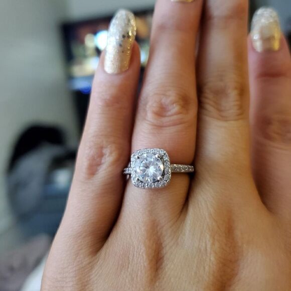 Silver Rhodium and White Diamond Cubic Zirconia Square Halo Ring - Picture 9 of 13